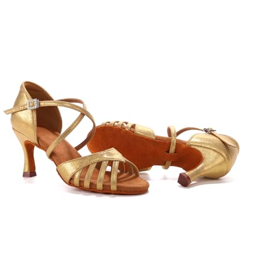 YCALCP Women's Latin Dance Shoes Satin Professional Ballroom Salsa Practice Performance Dancing Shoes, 956DB,Gold Cloth,2.75 Inch Heel, 6.5 US