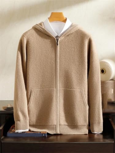 Mens 100 Percent Cashmere Zip Hoodie Winter Knitted Cardigan Kangaroo Pocket Smart Casual Thick Warm Jacket White