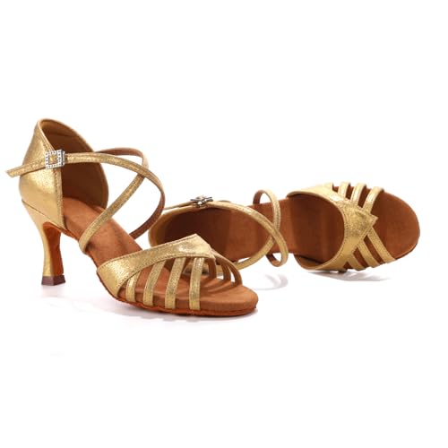 YCALCP Women's Latin Dance Shoes Satin Professional Ballroom Salsa Practice Performance Dancing Shoes, 956DB,Gold Cloth,2.75 Inch Heel, 6.5 US