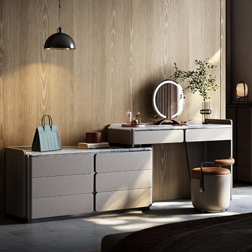 YZABEL L Shaped Vanity Desk with Storage Cabinets and 2 Drawers, 47" Natural Marble Top Dressing Table with Smart Mirror and Makeup Stool for Makeup Room, Home Office, Bedroom