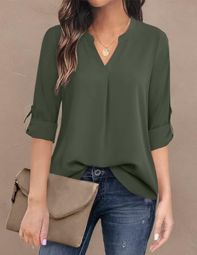 Timeson Blouses for Women,Women's Dress Shirts 3/4 Sleeve Tunics Tops for Women Business Casual Attire Chiffon Tops Ladies V Neck Professional Shirts Armygreen