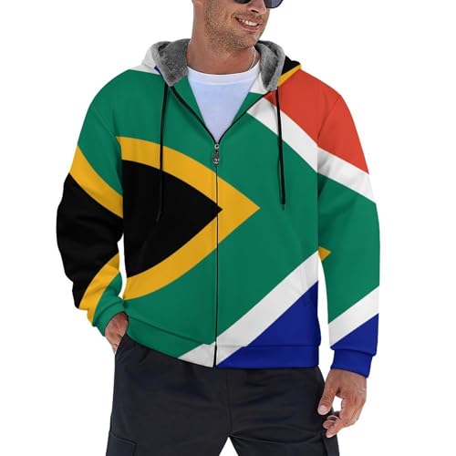 WunM Studio Fleece Jacket Men Thick Hoodie, Warm Jacket, Zipper Transition Jacket Pocket, 3D Printed South Africa Flag coat