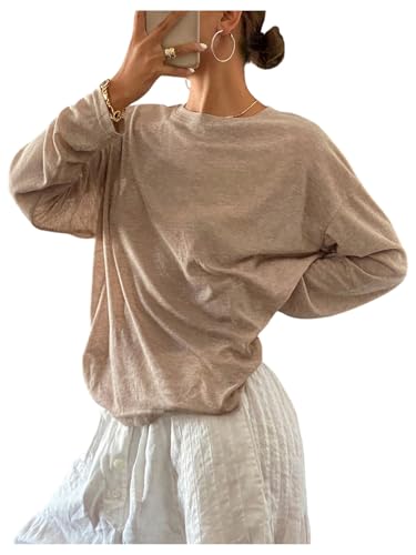 Milumia Women's Sheer Long Sleeve Oversized Tops Drop Shoulder Casual Tee T Shirts Brown Small