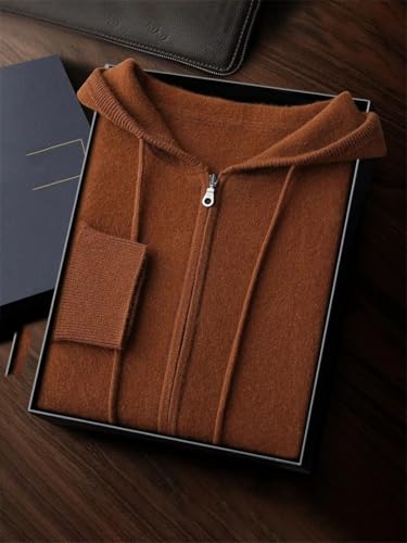 Mens 100 Percent Cashmere Zip Hoodie Winter Knitted Cardigan Kangaroo Pocket Smart Casual Thick Warm Jacket White