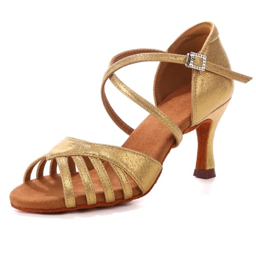 YCALCP Women's Latin Dance Shoes Satin Professional Ballroom Salsa Practice Performance Dancing Shoes, 956DB,Gold Cloth,2.75 Inch Heel, 6.5 US