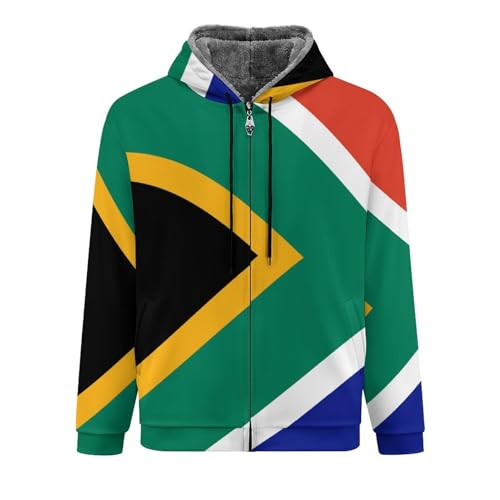 WunM Studio Fleece Jacket Men Thick Hoodie, Warm Jacket, Zipper Transition Jacket Pocket, 3D Printed South Africa Flag coat