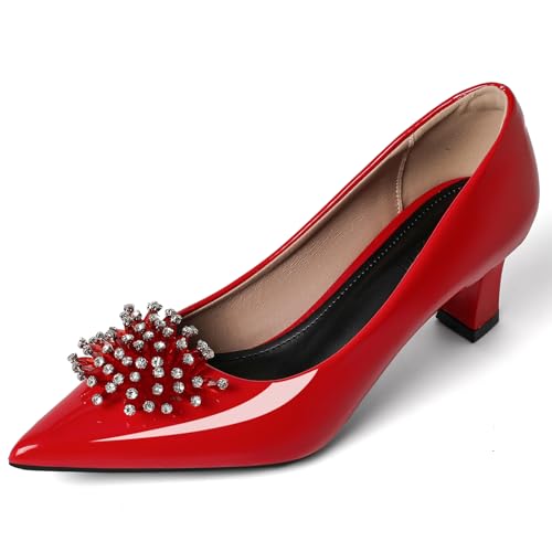 Women's Pumps Pointed Toe Slip On Shoes for Women Rhinestone Dress Pumps Shoes Comfortable Kitten Heels Elegant Pumps Red Size 8