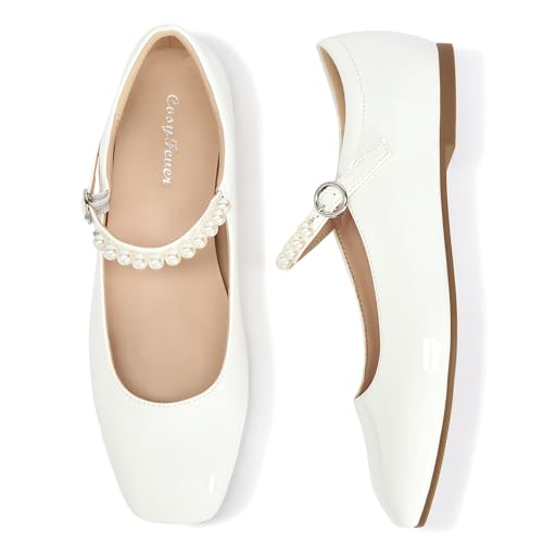 CosyFever Women's Flats Dressy Mary Jane Ballet Shoes Closed Toe for Casual Business Office - White 6.5 B(M) US