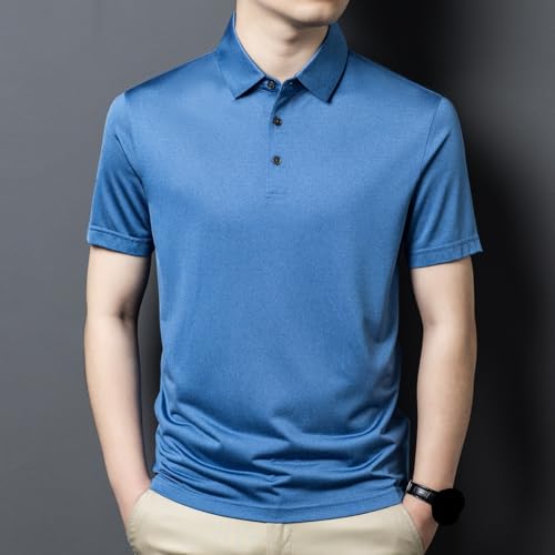 Mens Silk Short Sleeve Polo Shirts Loose Fit Solid Color Collared Satin Business Casual T Shirt(X-Large) Blue