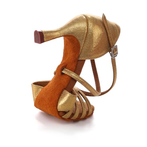 YCALCP Women's Latin Dance Shoes Satin Professional Ballroom Salsa Practice Performance Dancing Shoes, 956DB,Gold Cloth,2.75 Inch Heel, 6.5 US