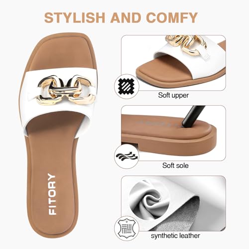 FITORY Women's Flat Sandals Fashion Slides With Soft Leather Slippers for White Summer Size 6