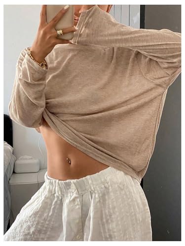 Milumia Women's Sheer Long Sleeve Oversized Tops Drop Shoulder Casual Tee T Shirts Brown Small