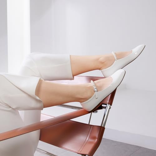 CosyFever Women's Flats Dressy Mary Jane Ballet Shoes Closed Toe for Casual Business Office - White 6.5 B(M) US