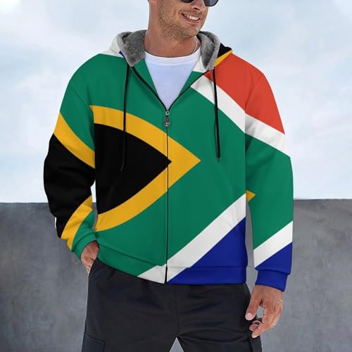 WunM Studio Fleece Jacket Men Thick Hoodie, Warm Jacket, Zipper Transition Jacket Pocket, 3D Printed South Africa Flag coat