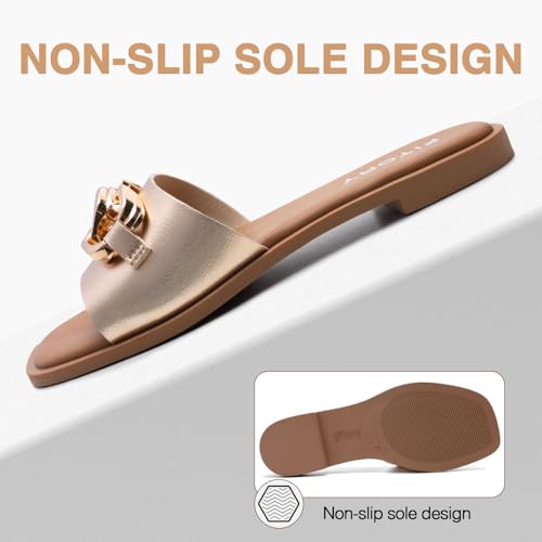 FITORY Women's Flat Sandals Fashion Slides With Soft Leather Slippers for Summer Gold Size 8