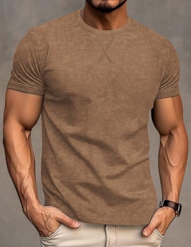 LOGEEYAR Men's Athletic Washed T-Shirts Basic Crew Neck Tees Tops Casual Distressed Cotton T Shirts for Men Coffee