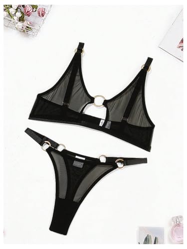 OYOANGLE Women's Sheer Lingerie Set Ring Linked Cut Out Bra and Panty Bralette Matching Set Black X-Large