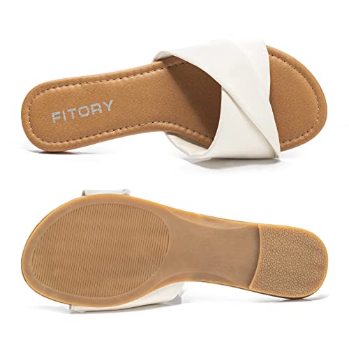 FITORY Women's Flat Sandals Fashion Slides With Soft Leather Slippers for Summer White Size 8