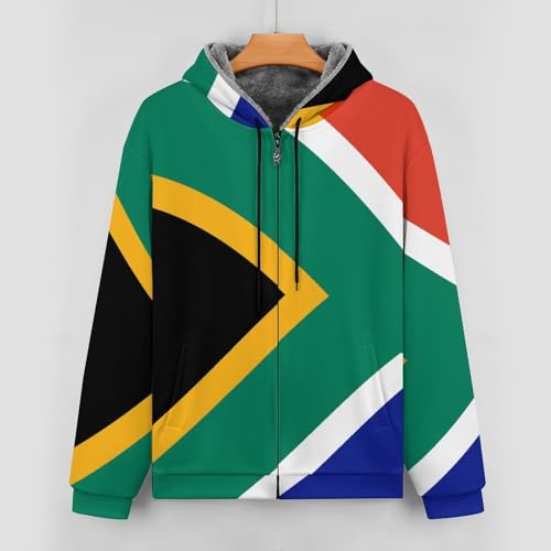 WunM Studio Fleece Jacket Men Thick Hoodie, Warm Jacket, Zipper Transition Jacket Pocket, 3D Printed South Africa Flag coat