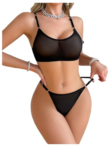 OYOANGLE Women's Lingerie Set Sheer Wireless Bra and Panty See Through Underwear Sets Black X-Large