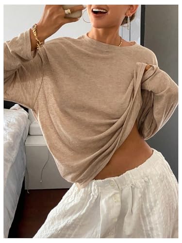 Milumia Women's Sheer Long Sleeve Oversized Tops Drop Shoulder Casual Tee T Shirts Brown Small