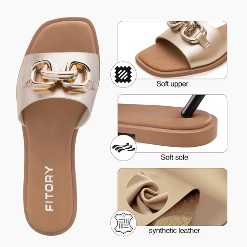 FITORY Women's Flat Sandals Fashion Slides With Soft Leather Slippers for Summer Gold Size 8