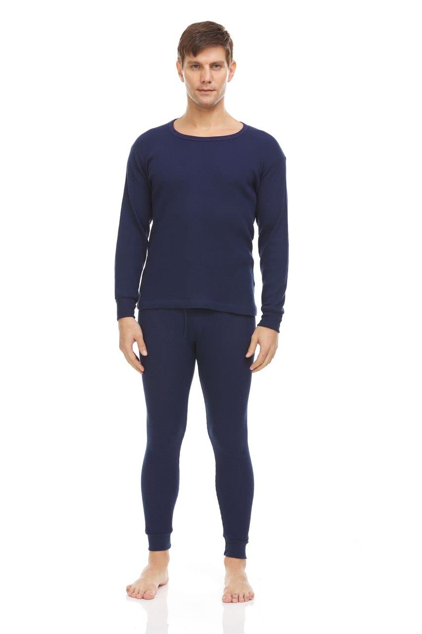 BILLIONHATS Case Pack of 15 Pieces of 2pc Thermal Sets for Men, Base Layer Long Johns Underwear, Top & Bottom, Cotton, Solid Colors Navy Blue