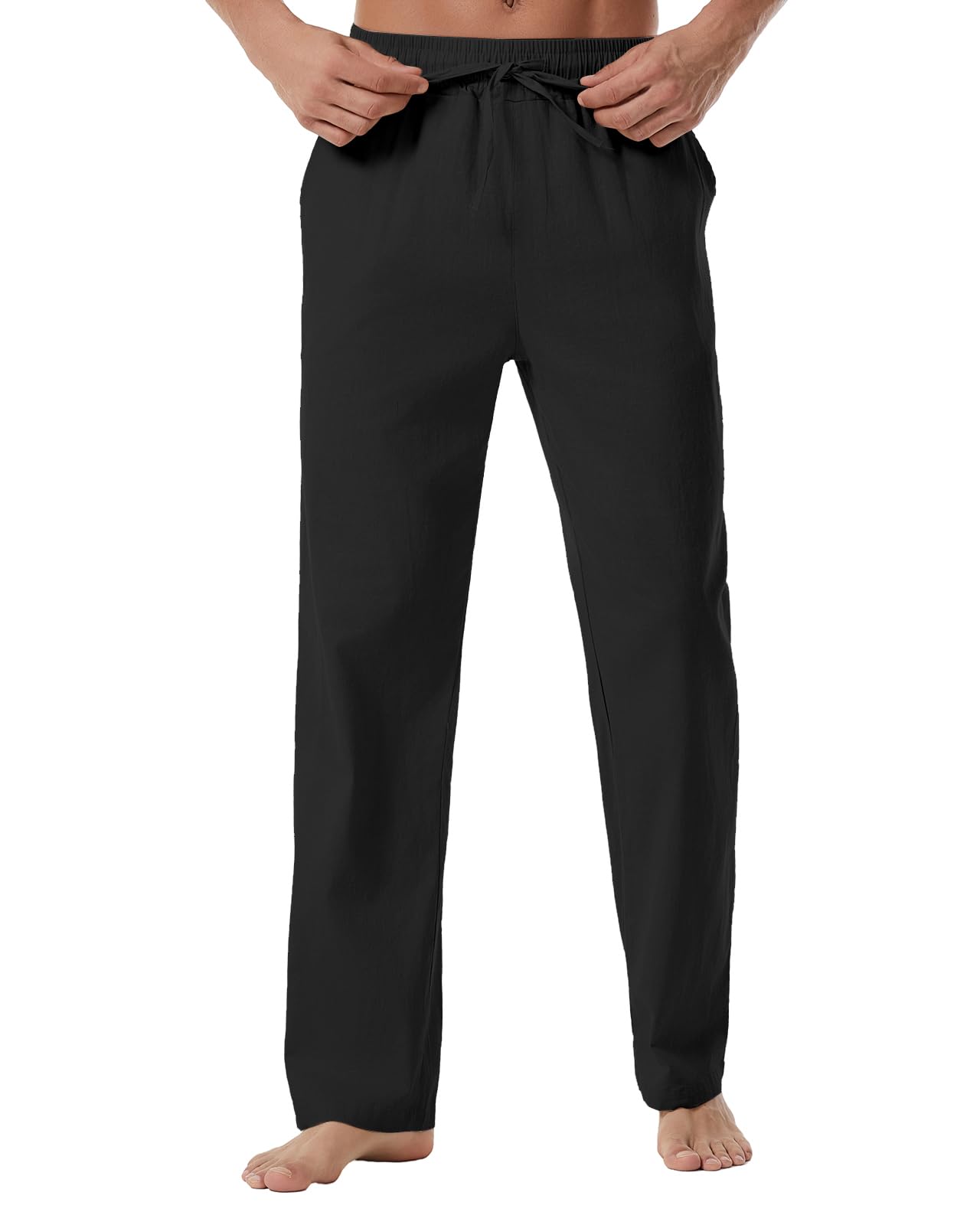 Men's Linen Pants Summer Yoga Beach Baggy Trousers Loose Fit Straight-Legs Elastic Drawstring Waist Casual Pants Black
