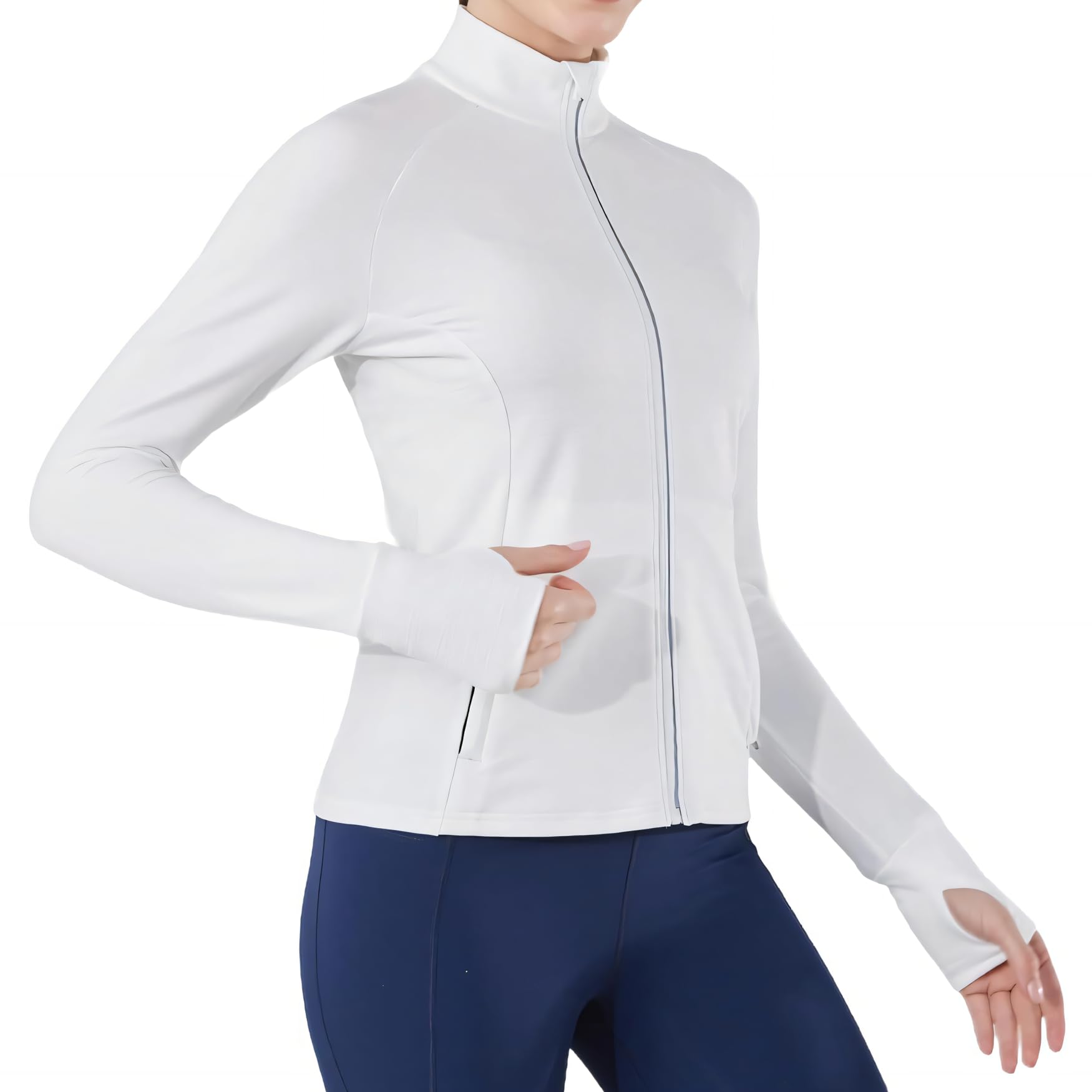 MUMANAIXI Women's Slim Fit Workout Jacket – Full Zip with Thumb Holes, Stretchy Sportswear Fabric for Running, Yoga, and Fitness (US, Alpha, Large, Regular, Regular, White)