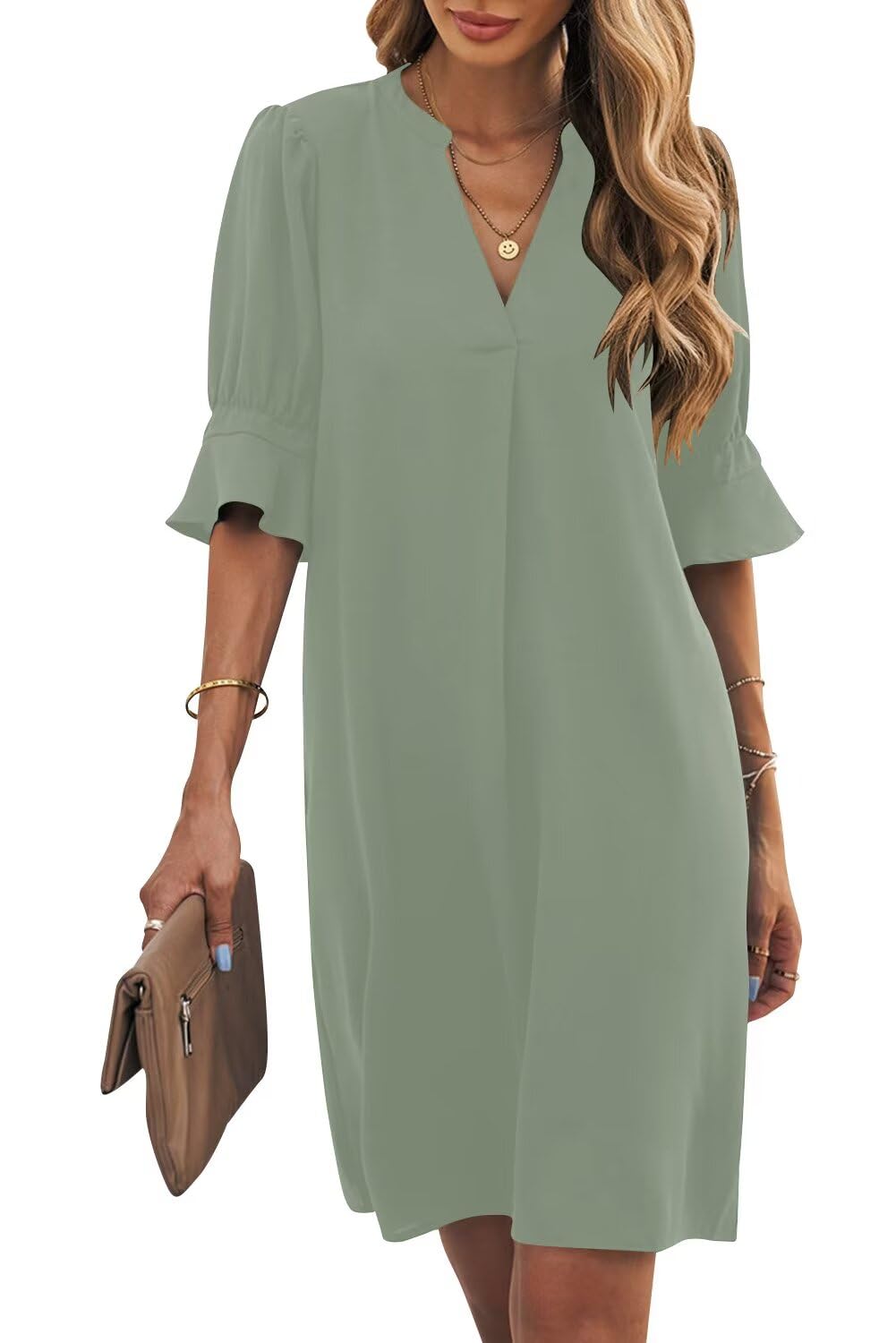 Wkior Short Sleeve Dress for Women V Neck Casual Loose Flowy Swing Shift Dresses Light Green XL