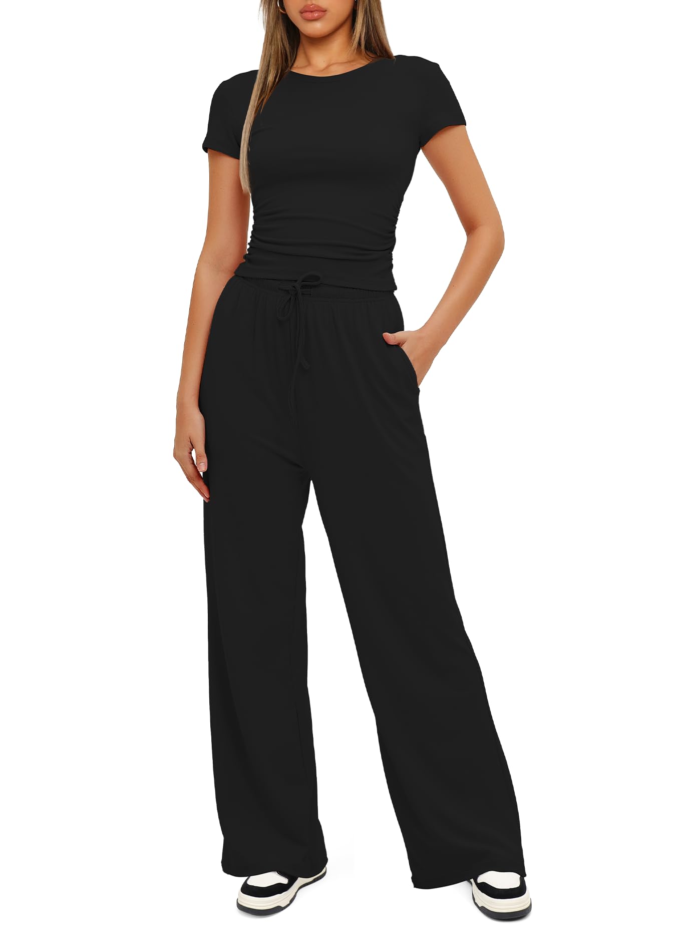 Darong Women's Two Piece Outfits Lounge Sets Ruched Short Sleeve Pullover Tops and High Waisted Pants Tracksuit Sets 9042A Black M