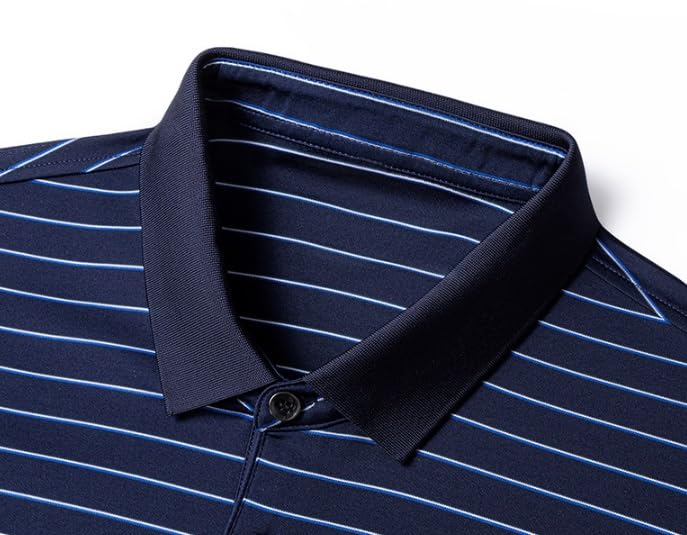 Mens Silk Short Sleeve Polo Shirts Summer Lightweight Breathable Striped Loose Fit Casual T Shirt(Navy Blue,Large)