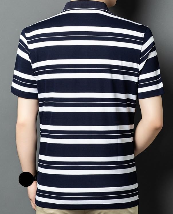 Mens Silk Short Sleeve Polo Shirts Summer Non Iron Striped Business Casual Collared T Shirt(XX-Large) Blue