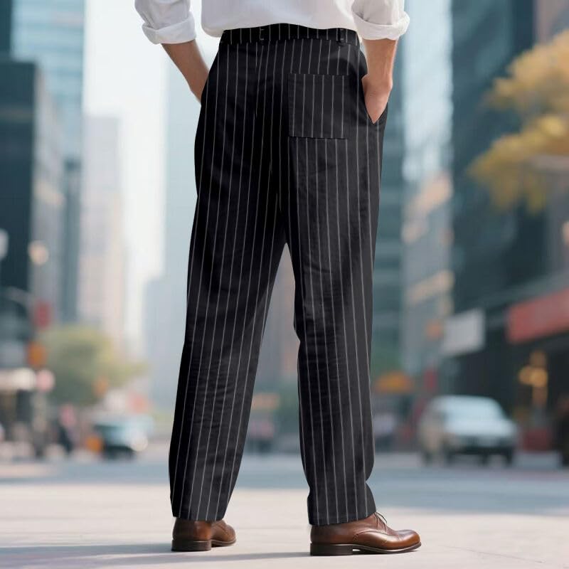 TAFLE Mens Linen Pants Lightweight Striped Casual Pants Straight-Legs Loose Fit Summer Beach Yoga Trousers with Pockets