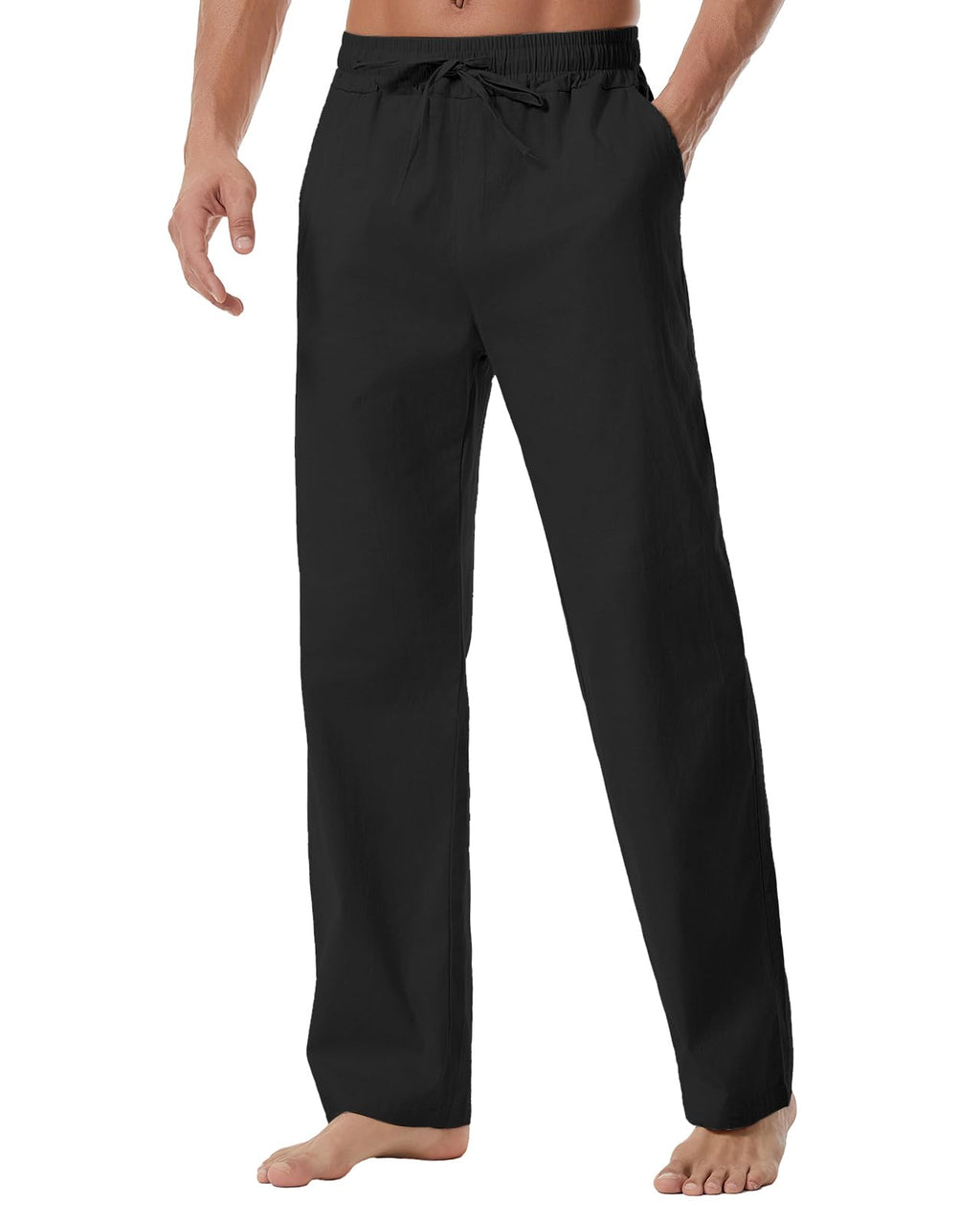 Men's Linen Pants Summer Yoga Beach Baggy Trousers Loose Fit Straight-Legs Elastic Drawstring Waist Casual Pants Black