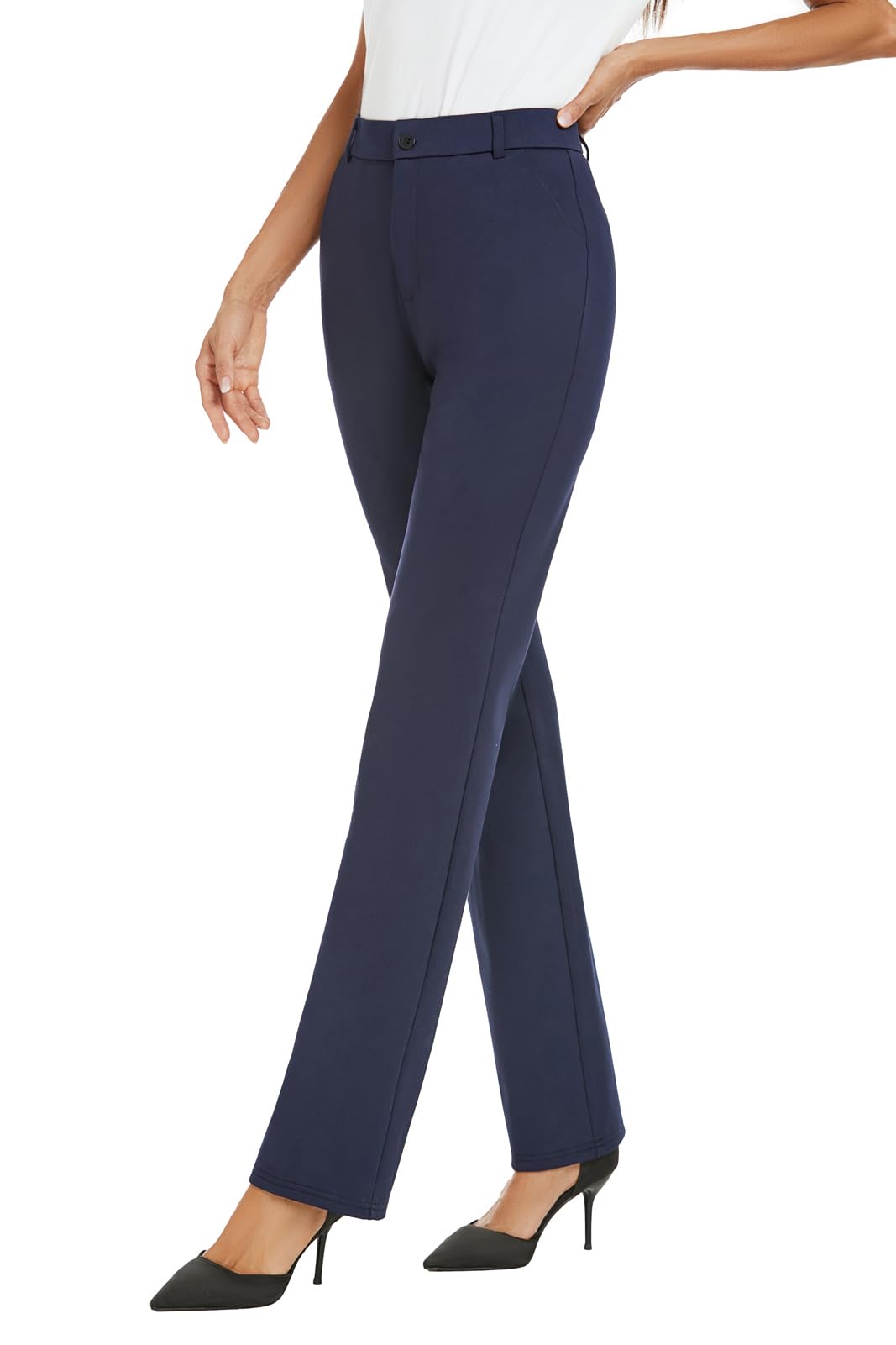iChosy Women's Stretchy Straight Leg Dress Work Pants Business Office Casual Slacks with Pockets Navy 14 Tall