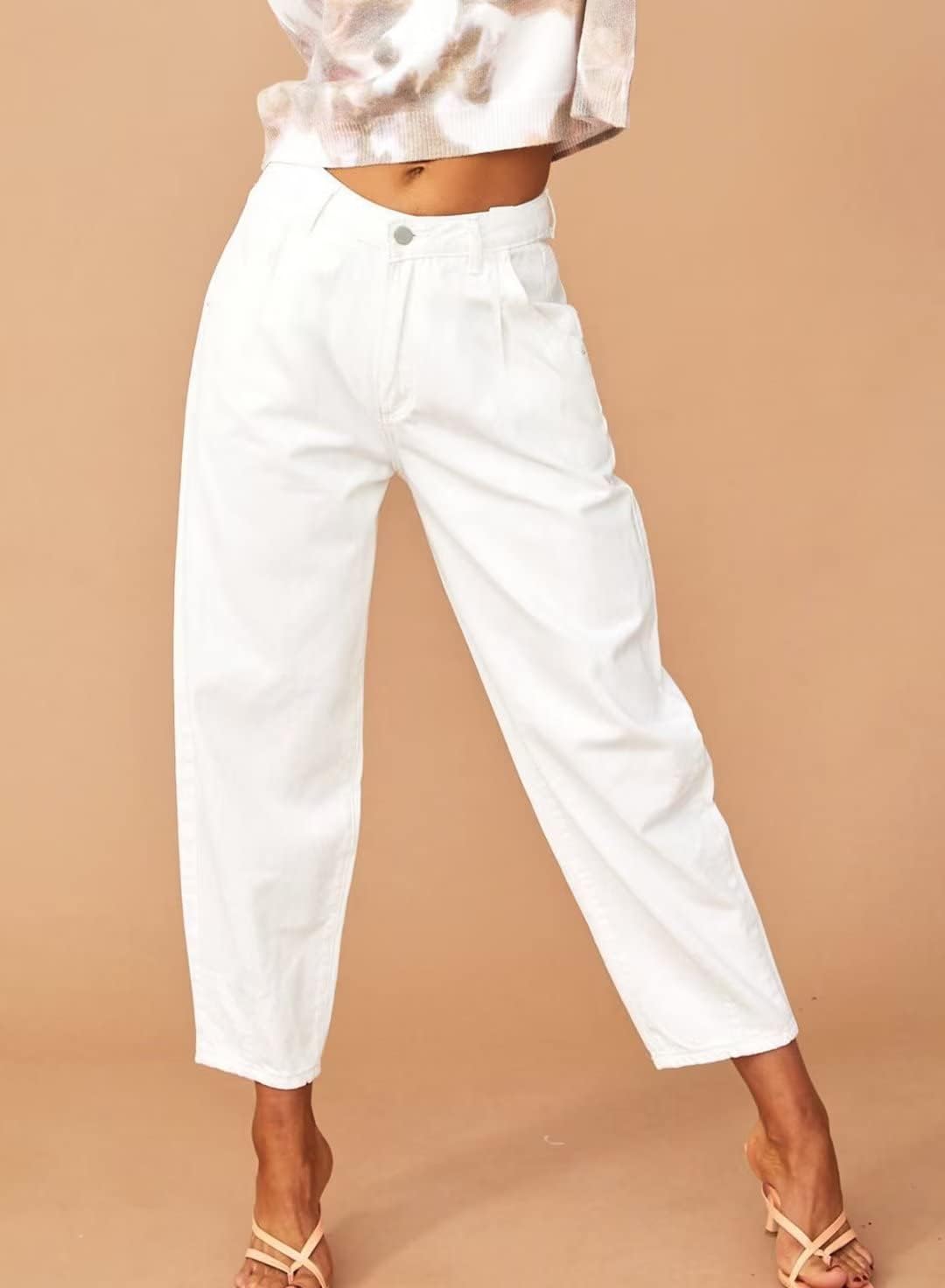 Astylish Women White Jeans High Waist Casual Loose Boyfriend Cropped Mom Denim Pants White Size 6