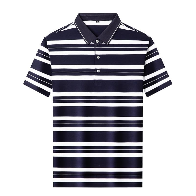 Mens Silk Short Sleeve Polo Shirts Summer Non Iron Striped Business Casual Collared T Shirt(XX-Large) Blue