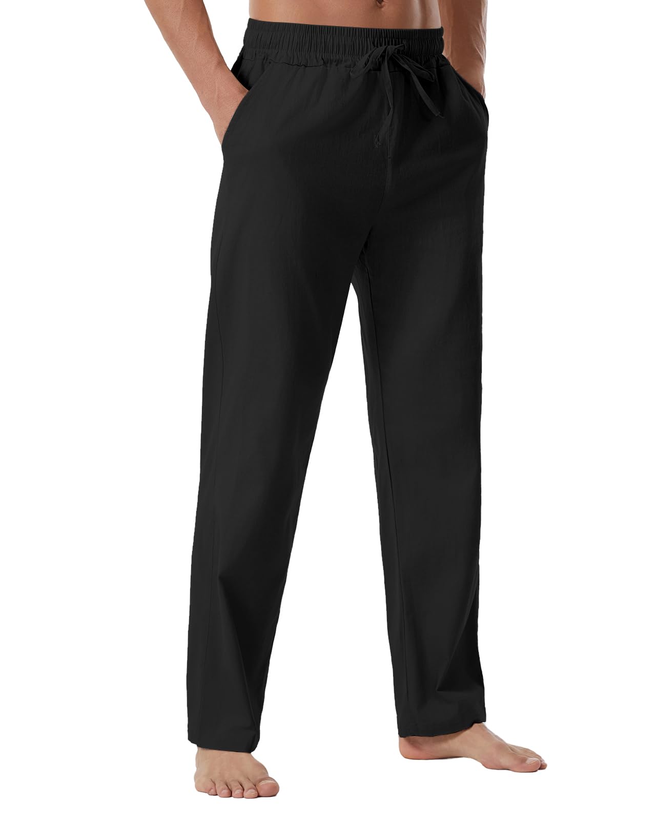 Men's Linen Pants Summer Yoga Beach Baggy Trousers Loose Fit Straight-Legs Elastic Drawstring Waist Casual Pants Black