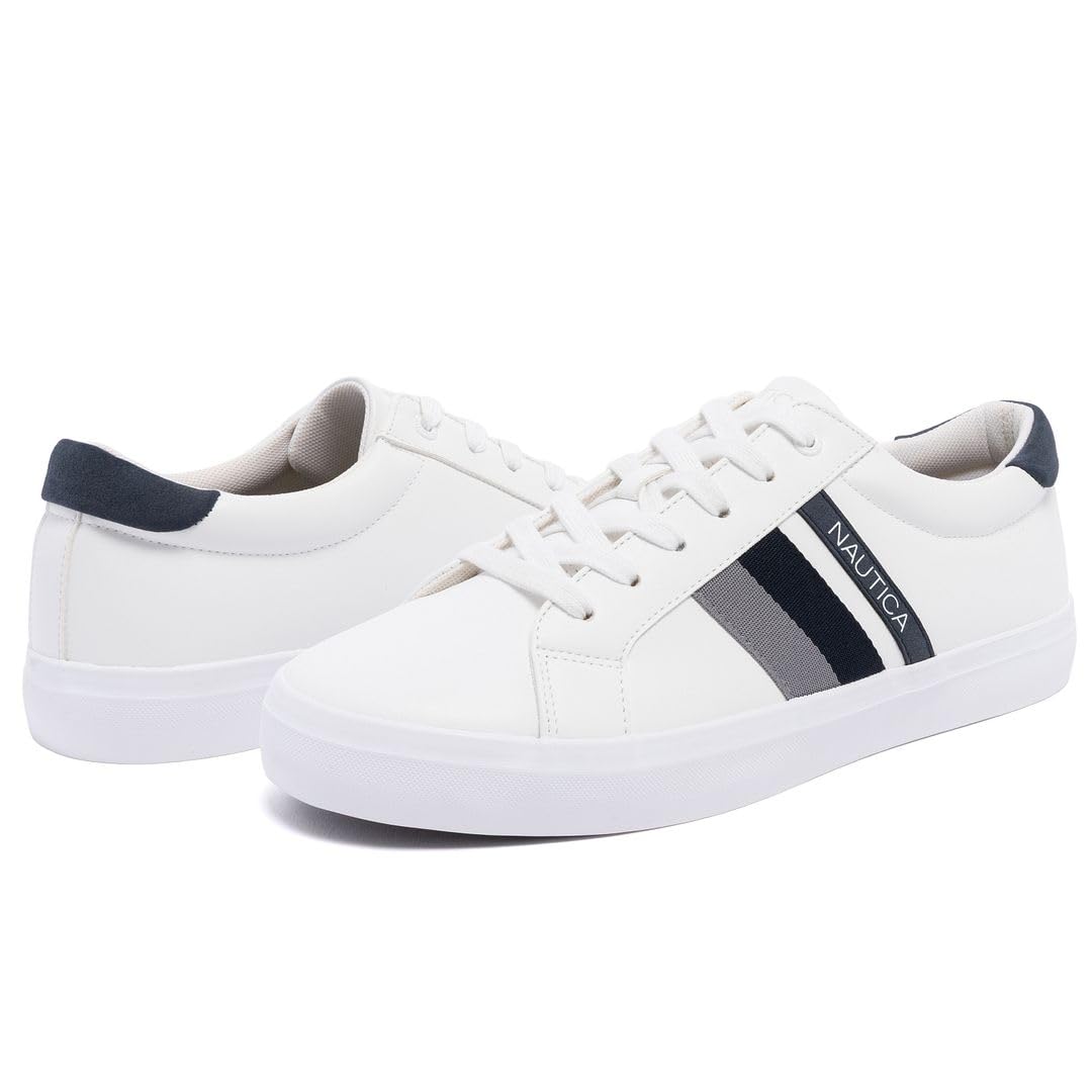 Nautica Men’s Low Top Casual Sneakers – Classic Lace-Up Tennis Shoes with Comfort Insole and Durable Rubber Sole-Aland-White Navy Grey Size-9.5