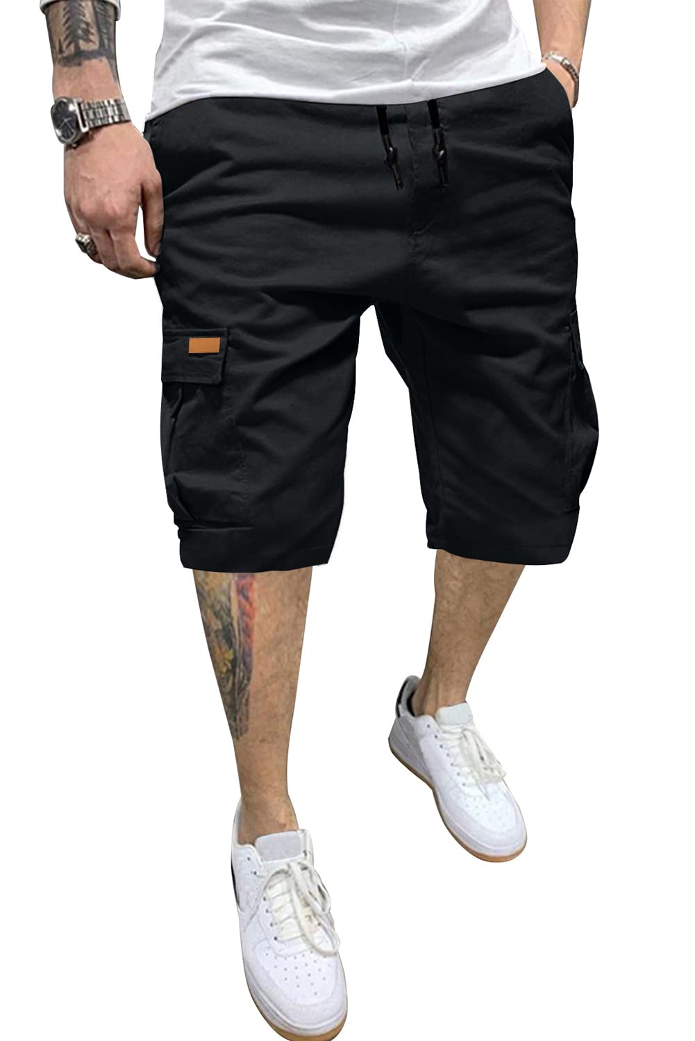 JMIERR Mens Casual Twill Cargo Shorts Cotton Drawstring Classic Cargo Chino Stretch Short with 6 Pockets for Men, US40(2XL), A Black
