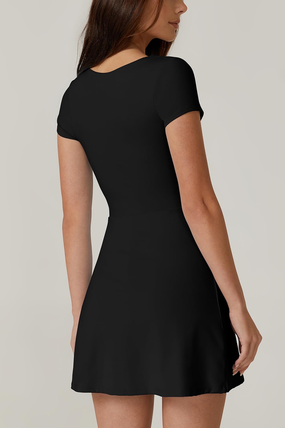 QINSEN Tennis Dress for Women Square Neck Short Sleeve Active Workout Dress Built in Shorts Black M