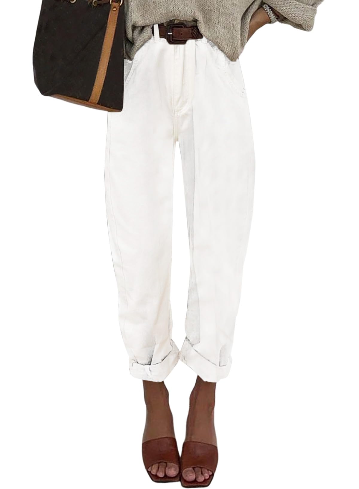 Astylish Women White Jeans High Waist Casual Loose Boyfriend Cropped Mom Denim Pants White Size 6