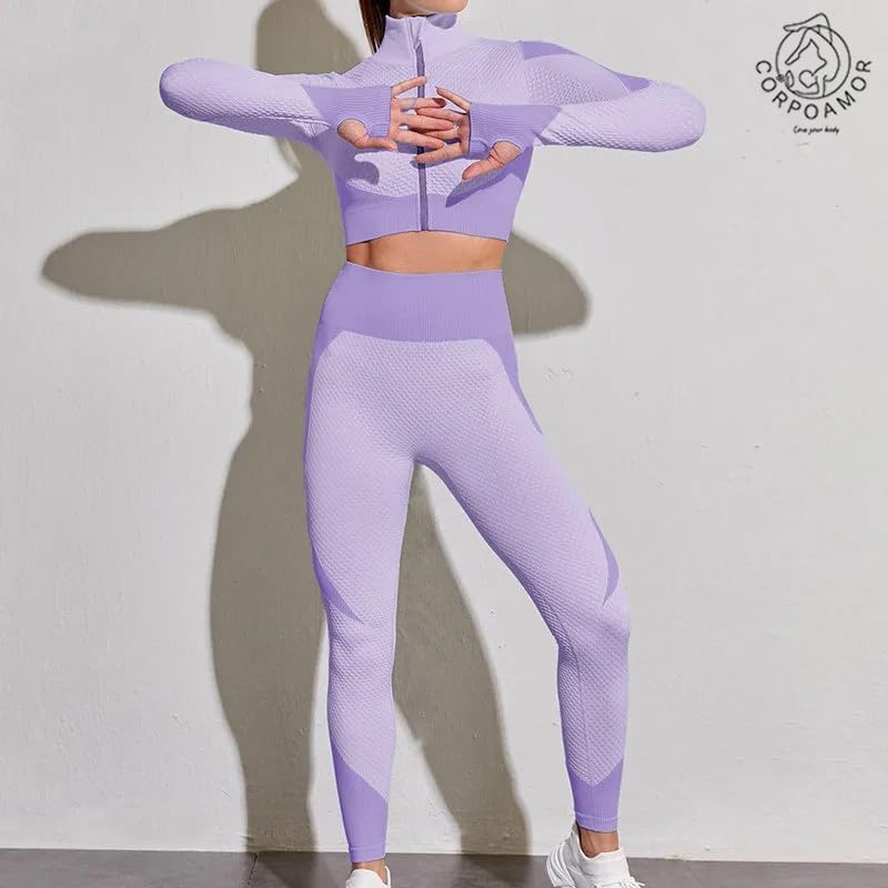 CORPOAMOR Women's Ribbed Seamless Fitness Clothing, Gym Outfit and Yoga Workout Set Jacket, Sports Bra and High Waisted Leggings 3 Piece Set (Purple, Large)