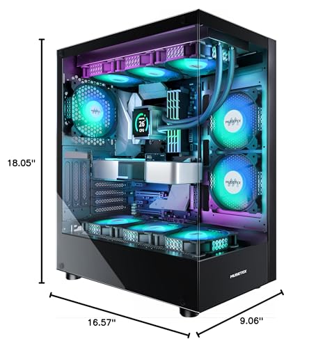 MUSETEX PC CASE ATX 6 PWM ARGB Fans Pre-Installed, Type-C Mid Tower Computer Case with Full-View Dual Tempered Glass, Gaming PC Case,Black(K2)