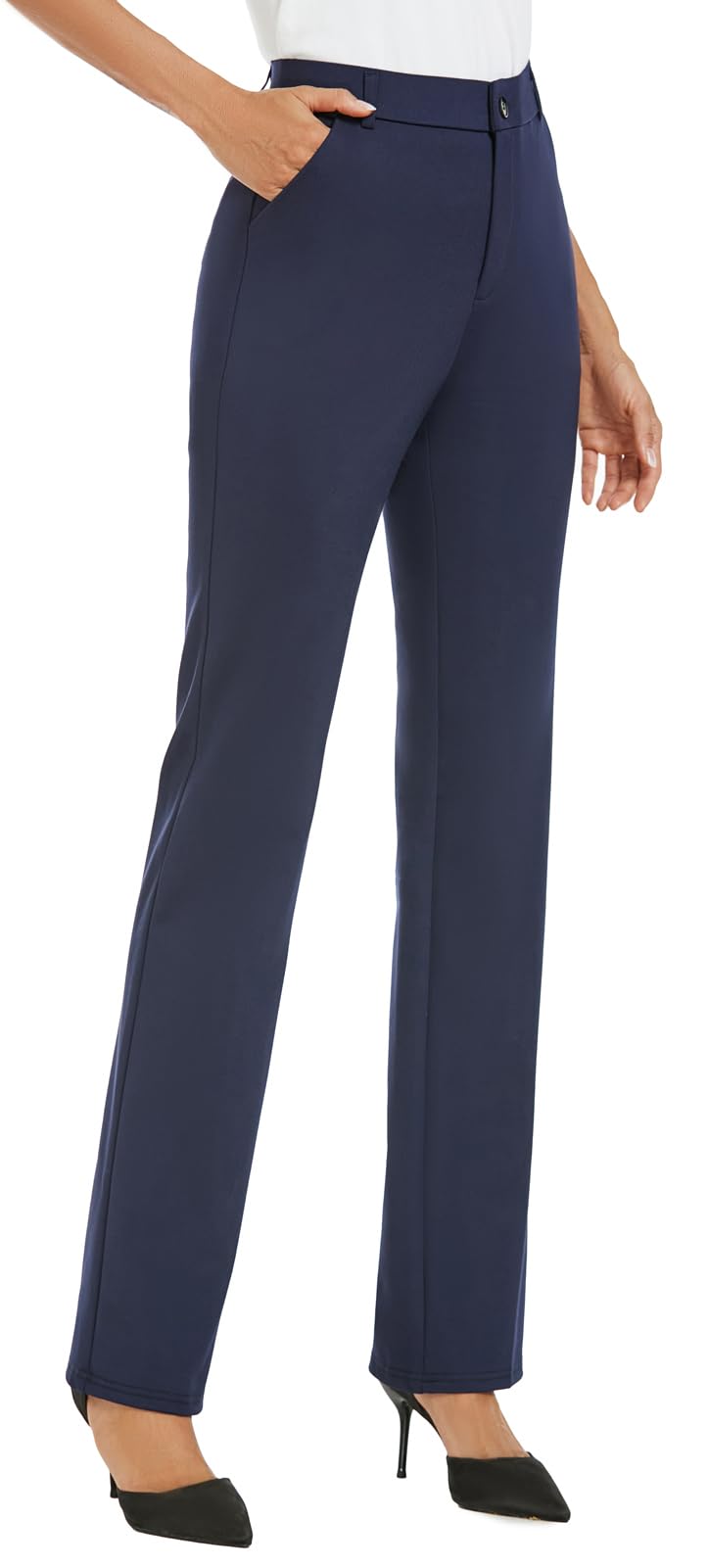 iChosy Women's Stretchy Straight Leg Dress Work Pants Business Office Casual Slacks with Pockets Navy 14 Tall