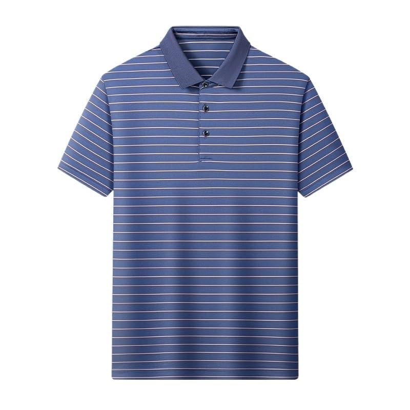 Mens Silk Short Sleeve Polo Shirts Summer Lightweight Breathable Striped Loose Fit Casual T Shirt(Navy Blue,Large)