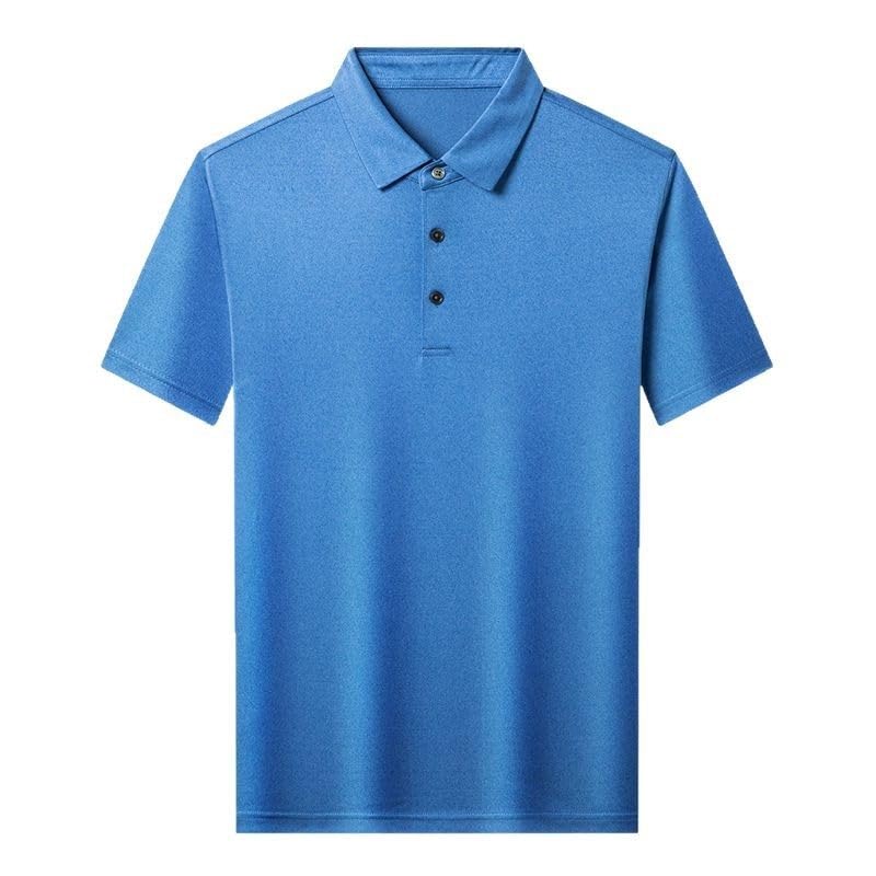 Mens Silk Short Sleeve Polo Shirts Loose Fit Solid Color Collared Satin Business Casual T Shirt(X-Large) Blue