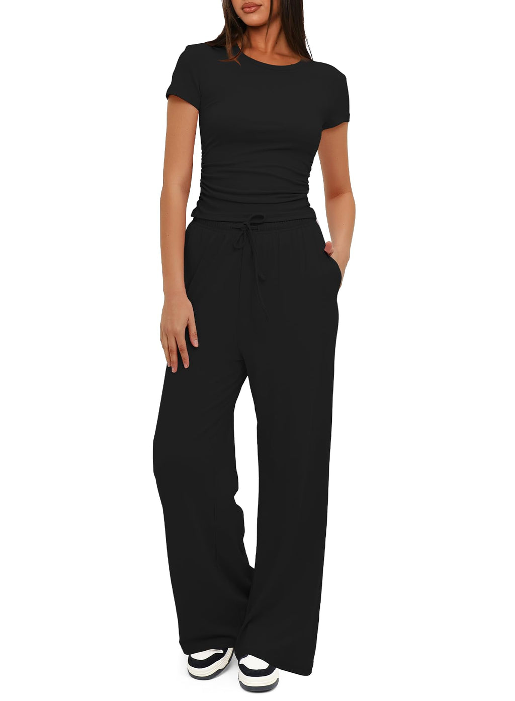 Darong Women's Two Piece Outfits Lounge Sets Ruched Short Sleeve Pullover Tops and High Waisted Pants Tracksuit Sets 9042A Black M