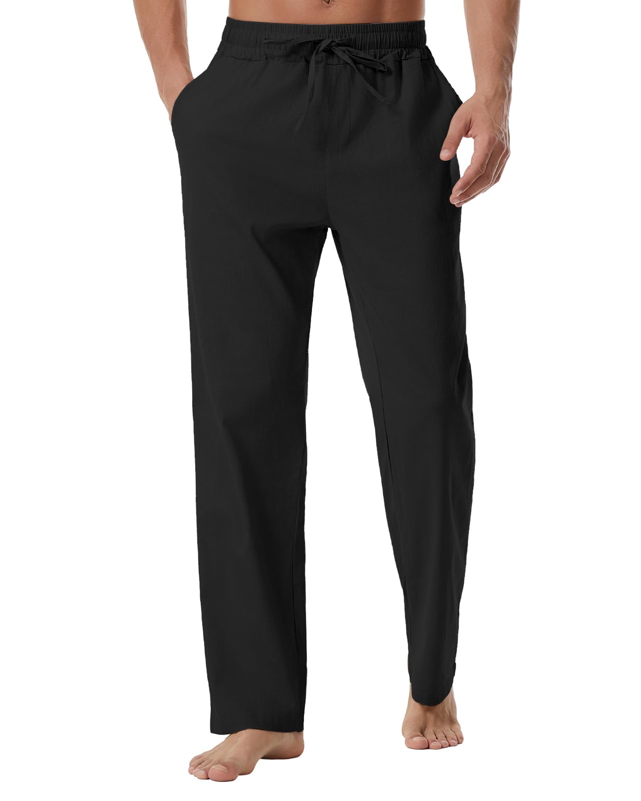 Men's Linen Pants Summer Yoga Beach Baggy Trousers Loose Fit Straight-Legs Elastic Drawstring Waist Casual Pants Black